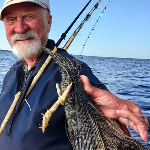 Prompt: captain birdseye stood on the back of a fishing boat disappointingly looking at empty nets, wide angle