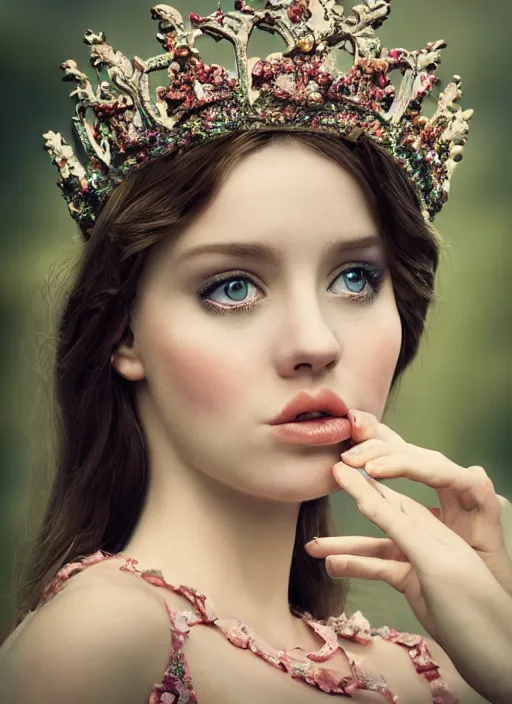 Image similar to closeup face profile portrait of a fairytale princess wearing a crown eating cakes in the castle, bikini, depth of field, zeiss lens, detailed, symmetrical, centered, fashion photoshoot, by nicoletta ceccoli, mark ryden, lostfish, breathtaking, 8 k resolution, extremely detailed, beautiful, establishing shot, artistic, hyperrealistic, octane render