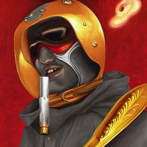 Prompt: Morpheus the sandman with his tools the ruby, the pouch of sand, and the helmet. Award-winning digital painting