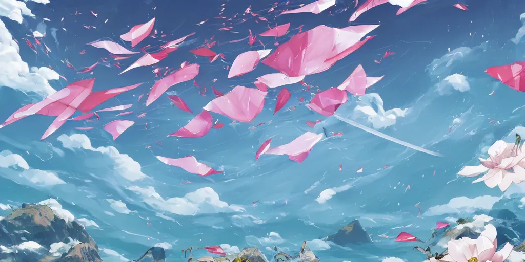 Image similar to background art of flying longswords flowing and floating through the slicing through directional wind on a simple cloudy sky background featuring an enormous tsunami, big puffy clouds, large individual rose petals, lotus petals, angular background elements, large polygonal fragments, anime, studio ghibli, artgerm, manga, trending on artstation, art nouveau, mature color scheme