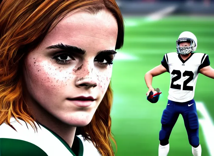 Prompt: facial portrait of a football player on the sidelines, cornerback emma watson, reddit contest winner, madden 2 1, ps 4, character design