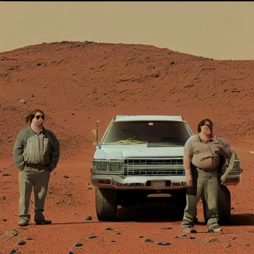 Prompt: The Trailer Park Boys on Mars, found footage, film grain