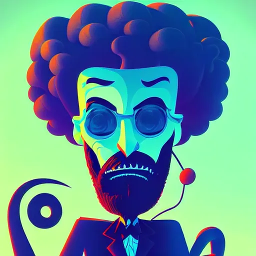 Image similar to curled perspective digital art of curly grey hair bearded man using a computer by anton fadeev from nightmare before christmas