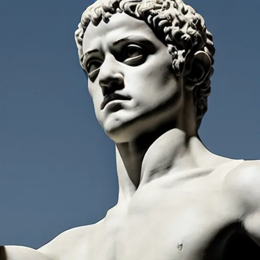 Image similar to rami malek as marble statue of ancient roman emperor, created by michelangelo, museum photoshot, 3 d photorealistic render, high resolution, 8 k