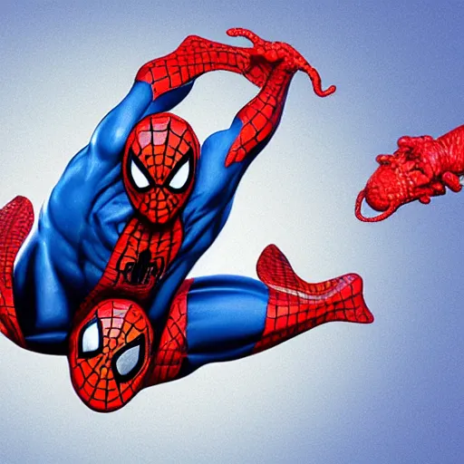 Image similar to octopus attacking and suffocating spiderman, photorealistic