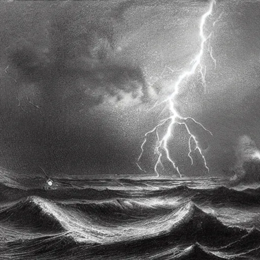 Image similar to drawing of pepe the frogs sailing through a lightning storm above a stormy ocean, by gustave dore, nineteenth century, black and white, vintage, science fiction, epic composition, dramatic lighting, highly detailed, cinematic horror, sci fi