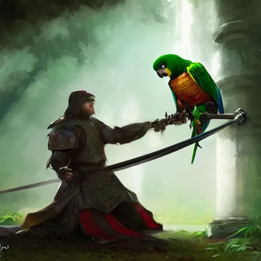 Image similar to Giant green Quaker parrot fights with medieval knight with sword. Enchained, restrained. Bloom, volumetric lighting. Fantasy, digital painting, HD, 4k, detailed.