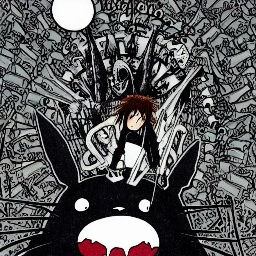 Image similar to totoro in a black metal band in a concert, dressed like band metal kiss, marduk, mayhem, burzum, inmortal, a crowd cheering, a drummer, electric guitar, sparkles all around, fantasy digital art, wow, stunning, ghibli style, hight quality