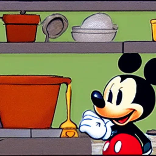 Prompt: mickey mouse setting mouse traps up in a kitchen, disney cartoon