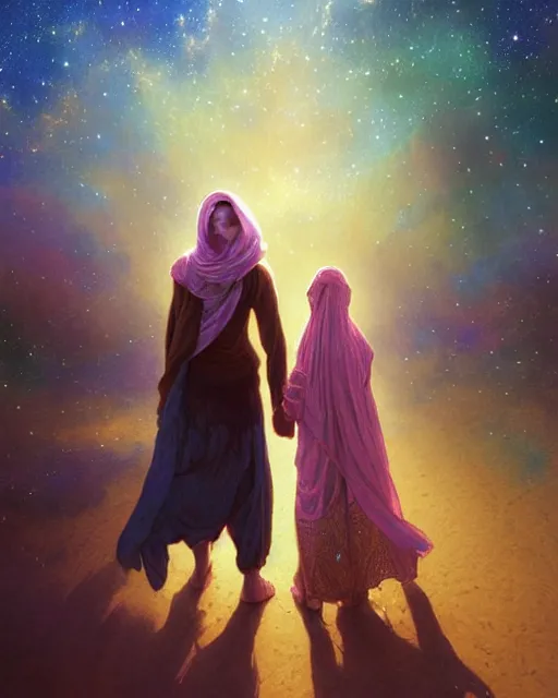 Image similar to bedouin man and woman and child in galaxy walking towards mosque surrounded by nebula, highly detailed, gold filigree, romantic storybook fantasy, soft cinematic lighting, award, disney concept art watercolor illustration by mandy jurgens and alphonse mucha and alena aenami, pastel color palette, featured on artstation