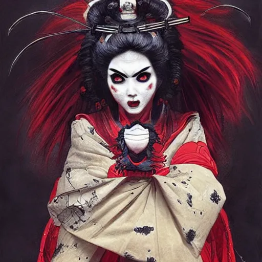 Image similar to an epic portrait of insane kabuki wielding a spear, magical aura of insanity, intricate hakama, poofy red wig, eerie, highly detailed, dark fantasy, art by artgerm and greg rutkowski