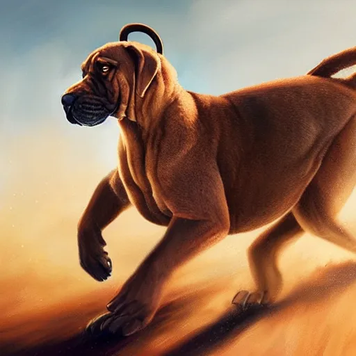 Prompt: - w 7 6 8 a boerboel mastiff running after a kangaroo, detailed, intricate, by jessica rossier