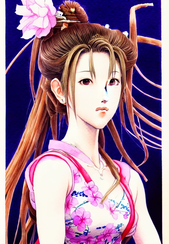 Image similar to a full-body watercolor painting of Aerith Gainsborough by Yoshitaka Amano, ukiyo-e, nouveau, concept art, 80's fantasy art, highly detailed, intricate, trending on artstation, award-winning