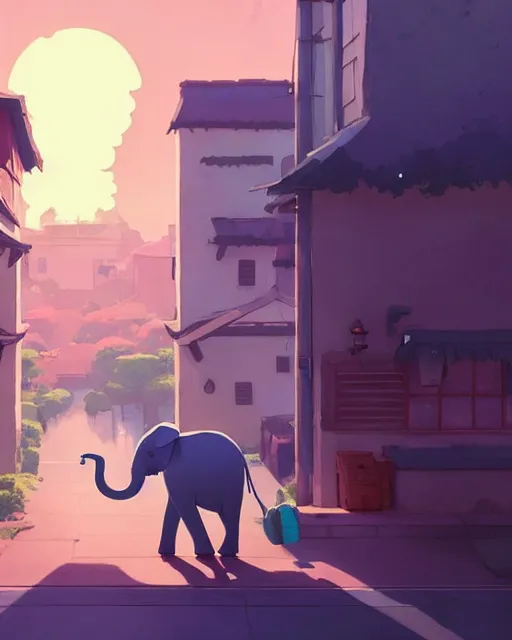 Image similar to an elephant with a house on his back walking though the streets of a beautiful town, cory loftis, james gilleard, atey ghailan, makoto shinkai, goro fujita, studio ghibli, rim light, exquisite lighting, clear focus, very coherent, plain background, soft painting