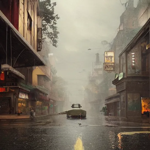 Prompt: 1 9 5 0 s town street in the middle of a rainstorm, fisheye!!!!!! lens, shot by jimmy nelson and greg rutkowski, cgsociety contest winner, intricately defined, complexly detailed, photorealistic photography, 4 k