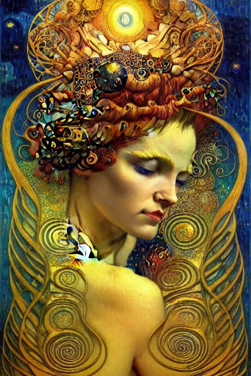 Image similar to Visions of Paradise by Karol Bak, Jean Deville, Gustav Klimt, and Vincent Van Gogh, visionary, otherworldly, fractal structures, ornate gilded medieval icon, third eye, spirals, heavenly spiraling clouds with godrays, airy colors