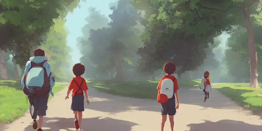 Prompt: concept art by sylvain sarrailh of a single boy wearing a backpack walking down a friendly street on his way to school, forest, studio ghibli