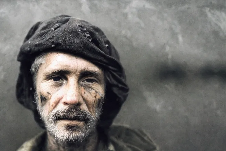 Prompt: a closeup cinematic!! headshot photograph!! of a beautiful homeless war veteran, stood in a tunnel, rain, dirt, film still, cinematic lighting, by bill henson