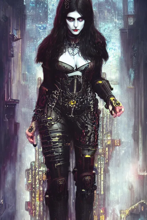 Image similar to portrait of beautiful gothic Alexandra Daddario, cyberpunk, Warhammer, highly detailed, artstation, illustration, art by Gustav Klimt