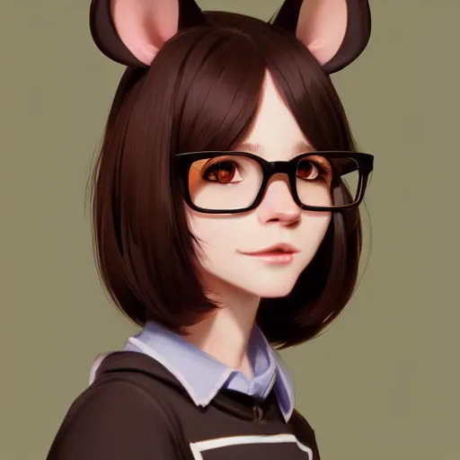 Prompt: character design portrait of an anthropomorphic furry rat girl with rat ears, long brown hair, looking at the camera, wearing glasses, 4 k, concept art, by wlop, ilya kuvshinov, artgerm, krenz cushart, pixiv.