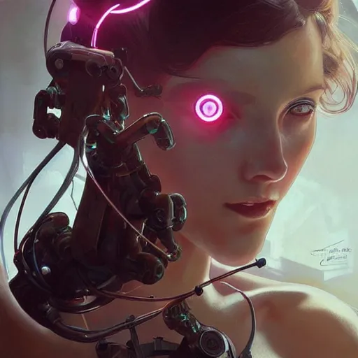 Prompt: female robot, cybernetic paintbrush, robotic arm, incredibly detailed face, pretty face, true anatomy, art by artgerm and greg rutkowski and alphonse mucha