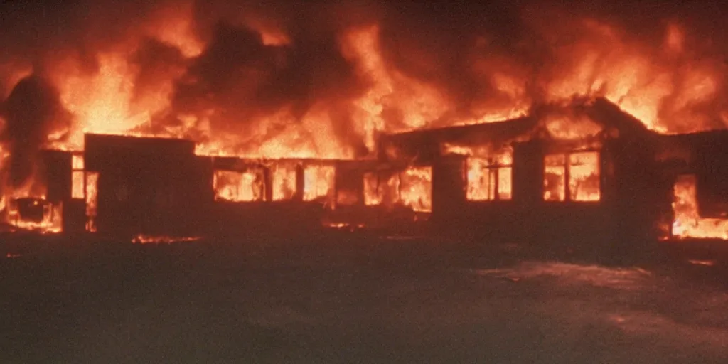Image similar to filmic extreme wide shot dutch angle movie still 4k UHD 35mm film color photograph of a science lab completely engulfed in flames, a crowd of doctors burns alive inside the room, in the style of a 1980s horror film