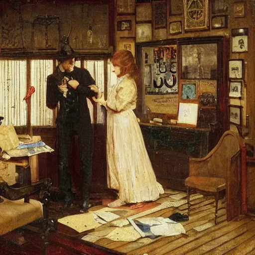 Image similar to a man and a woman solving an escape room puzzle alfred stevens