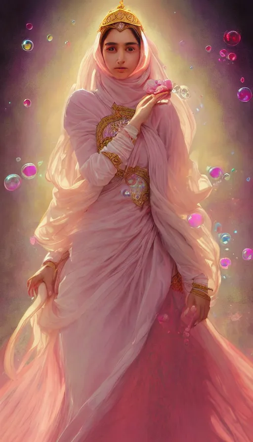 Prompt: portrait of magical muslim girl, dreamy and ethereal, expressive pose, big pink eyes, peaceful expression, ornate frilly dress, fantasy, intricate, elegant, many rainbow bubbles, rose tones, highly detailed, digital painting, artstation, concept art, smooth, sharp focus, illustration, art by artgerm and greg rutkowski and alphonse mucha