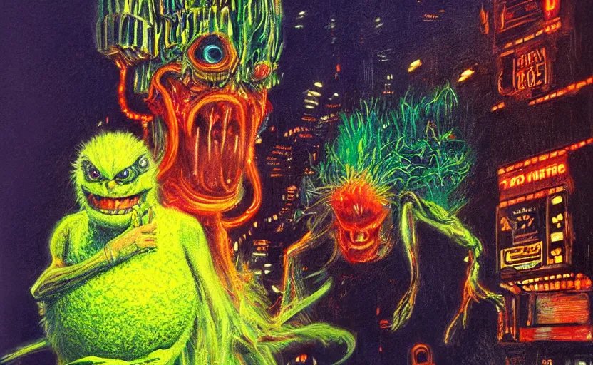 Image similar to a tennis ball monsters in blade runner, colorful, digital art, fantasy, magic, chalk, trending on artstation, ultra detailed, professional illustration by basil gogos