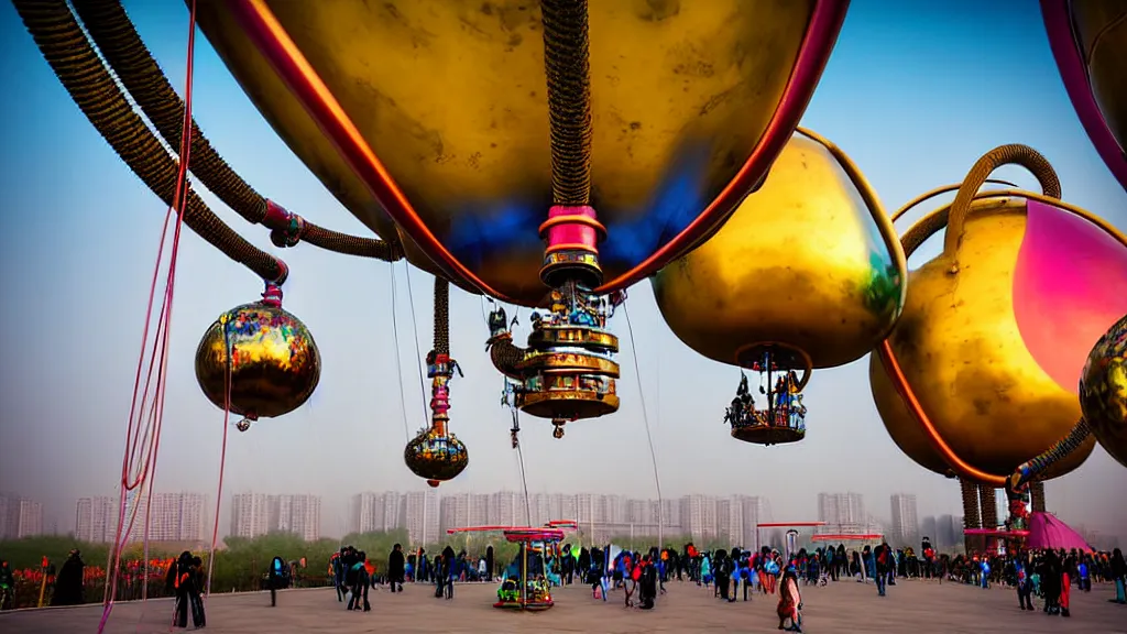 Image similar to large colorful futuristic space age metallic steampunk steam - powered balloons with pipework and electrical wiring around the outside, and people on rope swings underneath, flying high over the beautiful beijing city landscape, professional photography, 8 0 mm telephoto lens, realistic, detailed, photorealistic, photojournalism