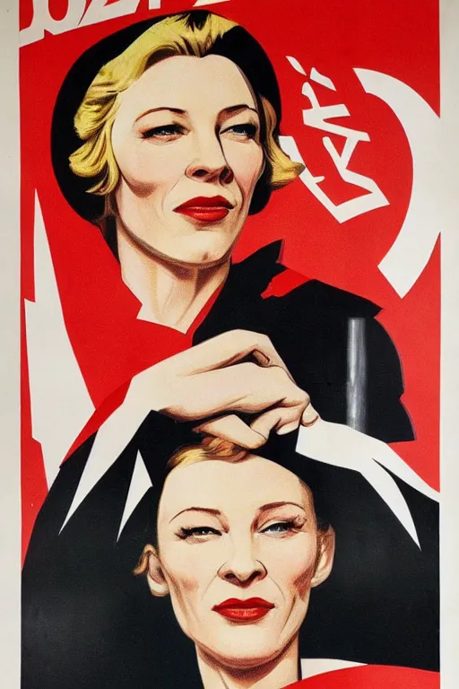 Image similar to soviet propaganda poster with cate blanchett calling on the world community to fight against Nazism, Ultra Detailed, soviet realism