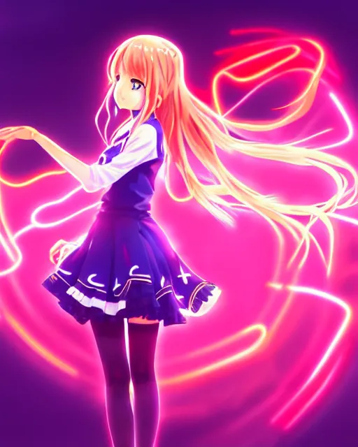 Image similar to anime style, vivid, expressive, full body, 4 k, painting, a cute magical girl idol with a long wavy hair wearing a dress, correct proportions, stunning, realistic light and shadow effects, neon lights, studio ghibly makoto shinkai yuji yamaguchi