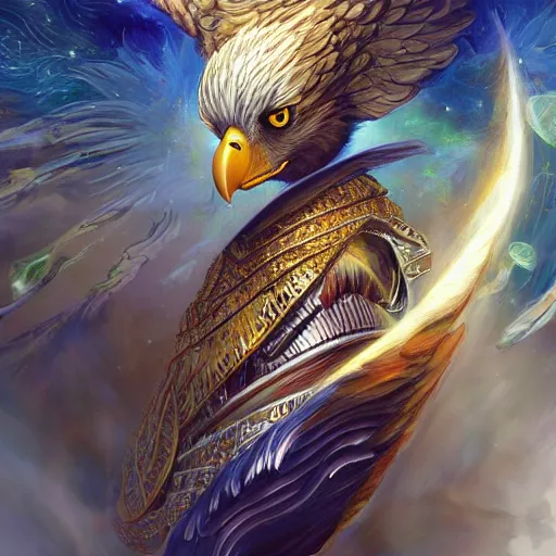 Image similar to a metaphysical eagle themed king, mystical cosmic messenger, 4 k digital illustration by artgerm, wlop, james jean, andrei riabovitchev, marc simonetti, yoshitaka amano, artstation, cgsociety