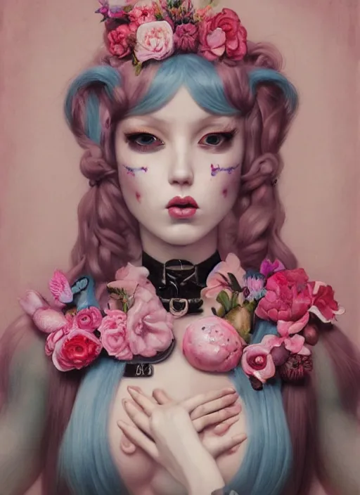 Image similar to pop surrealism, lowbrow art, realistic seductive cute woman looking painting, pink body harness, japanese shibari with blue flowers, hyper realism, muted colours, rococo, natalie shau, loreta lux, tom bagshaw, mark ryden, trevor brown style,