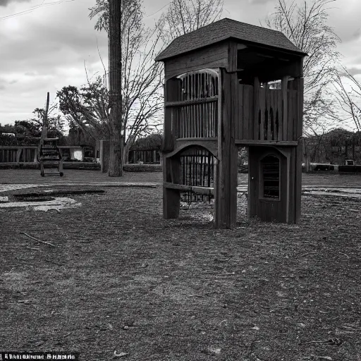 Image similar to an abandon playground with a tall dark figure in the background, liminal, dark, highly detailed,