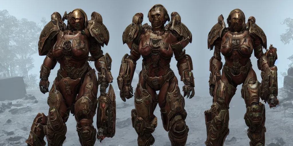 Image similar to female doom slayer extreme details epic dramatic realistic unreal engine render