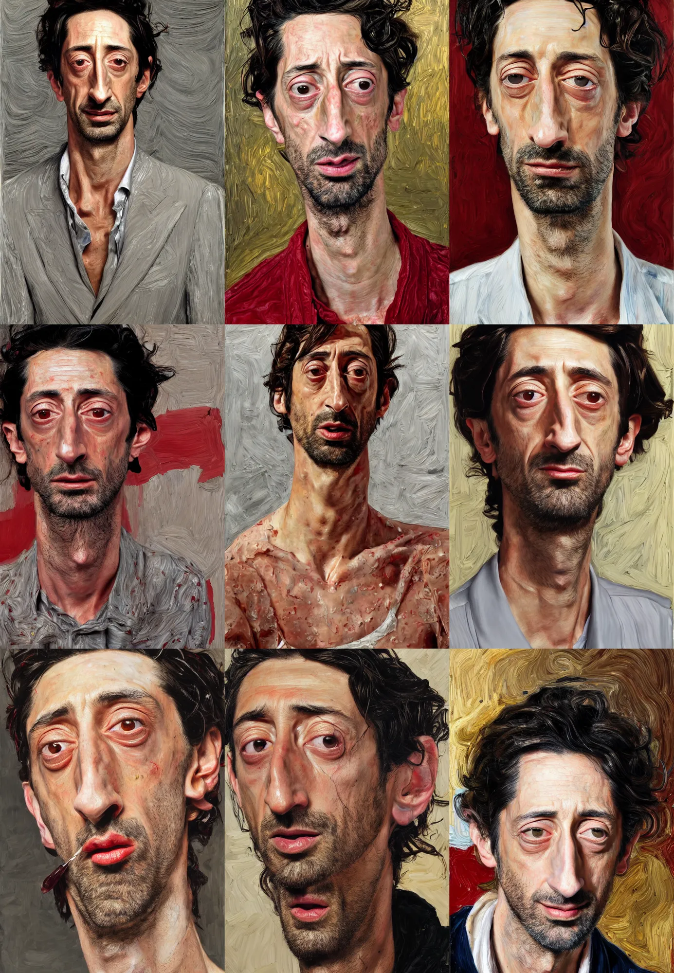 Prompt: high quality high detail portrait adrien brody painting by lucian freud and jenny saville, hd, golden eal, red