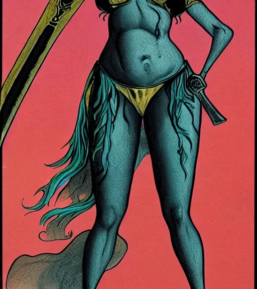 Prompt: 1 9 8 0 s fantasy novel book cover, bbw plus size amazonian 1 9 - year - old winona ryder in extremely tight bikini armor wielding a cartoonishly large sword, exaggerated body features, dark and smoky background, low quality print