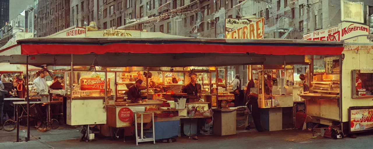 Image similar to medium shot, spaghetti food stand in downtown nyc, kodachrome, in the style of wes anderson, retro