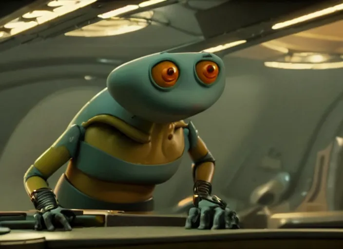 Image similar to film still of real life kif kroker from futurama in the new scifi movie, 4 k