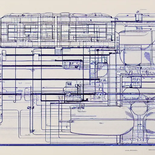 Prompt: detailed electronic plan 1 9 7 0 s blueprint by moebius