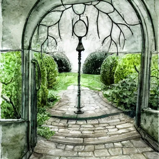 Image similar to delicate rain, symmetric, chairs, garden, paved, botanic watercolors, iridescent, 8 k, realistic shaded, fine details, artstation, italian, iron gate, tree, mediterranean, marvelous