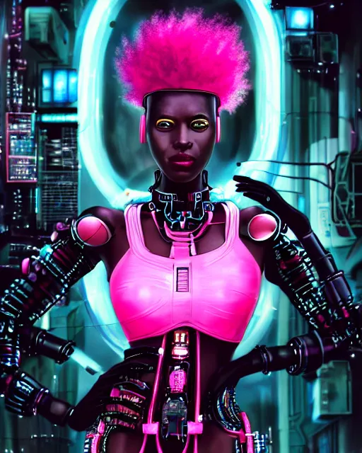 Prompt: portrait of a beautiful black woman with pink hair as a cyberpunk cyborg half robot, revealing wires and electronics, hooked - up, sci - fi, missing panels, intricate abstract upper body intricate artwork, concept art, octane render, deviantart, cinematic, key art, hyperrealism, iridescent accents, portrait photograph, nikon 3 5 mm, photograph by greg rutkowski