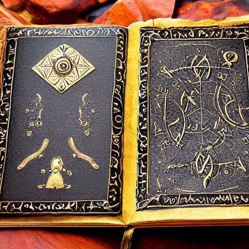 Prompt: occult spellbook, detailed, 4k, gold embossed on black pages