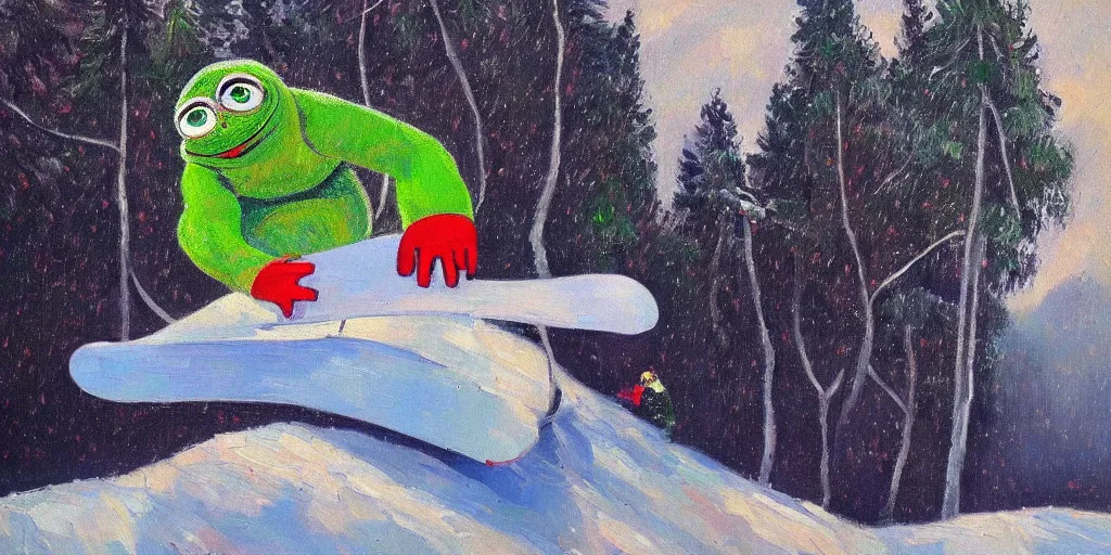 Image similar to pepe the frog snowboarding, gloomy landscape, expressive oil painting by christopher radlund and camille pissaro