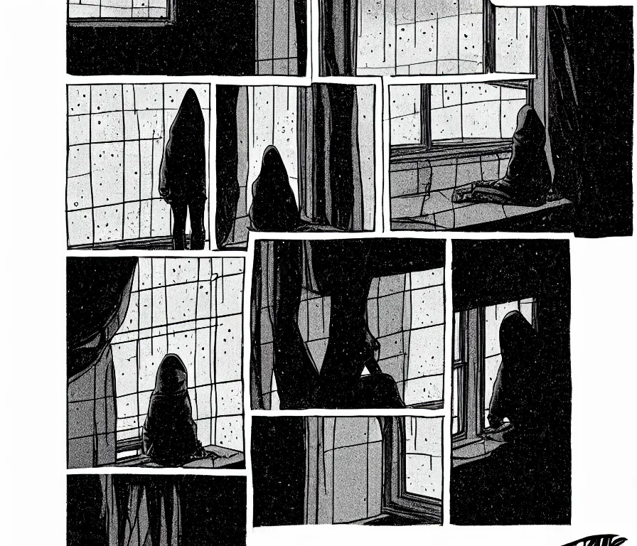 Image similar to sadie sink in hoodie sits on windowsill, knees tucked in | rain falls at night : storyboard, scifi cyberpunk. by gabriel hardman, joe alves. cinematic atmosphere, detailed and intricate, perfect anatomy