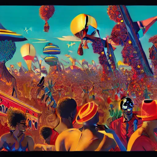 Image similar to trinidad and tobago carnival by paolo eleuteri serpieri and tomer hanuka and chesley bonestell and daniel merriam and tomokazu matsuyama, unreal engine, high resolution render, featured on artstation, octane, 8 k, highly intricate details, vivid colors, vector illustration