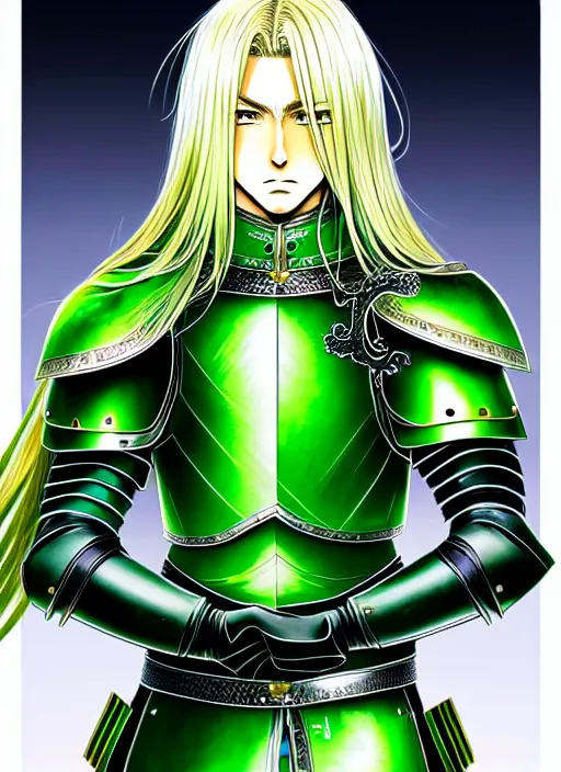 Prompt: a detailed manga full body portrait illustration of a man with long blonde hair wearing bladed jade green armour by hirohiko araki, detailed artwork, realism, 4 k resolution, detailed, high quality, sharp focus, hq artwork, insane detail, volumetric lighting, character concept art, fine details, clear subject, central subject