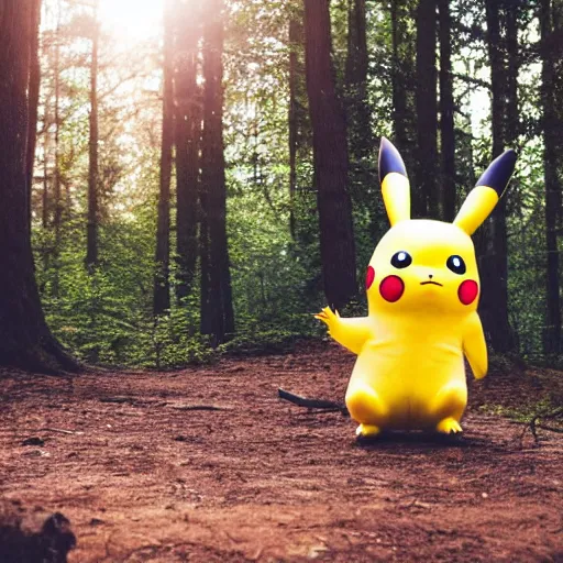 Prompt: Adorable life sized pikachu standing at a distance in the forest. Backlit with rays of sunlight. 35mm.