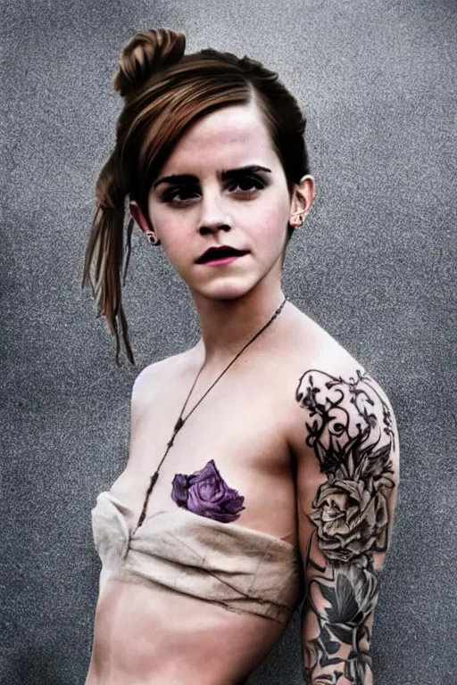 Image similar to emma watson, dope tattoo, hyperrealistic